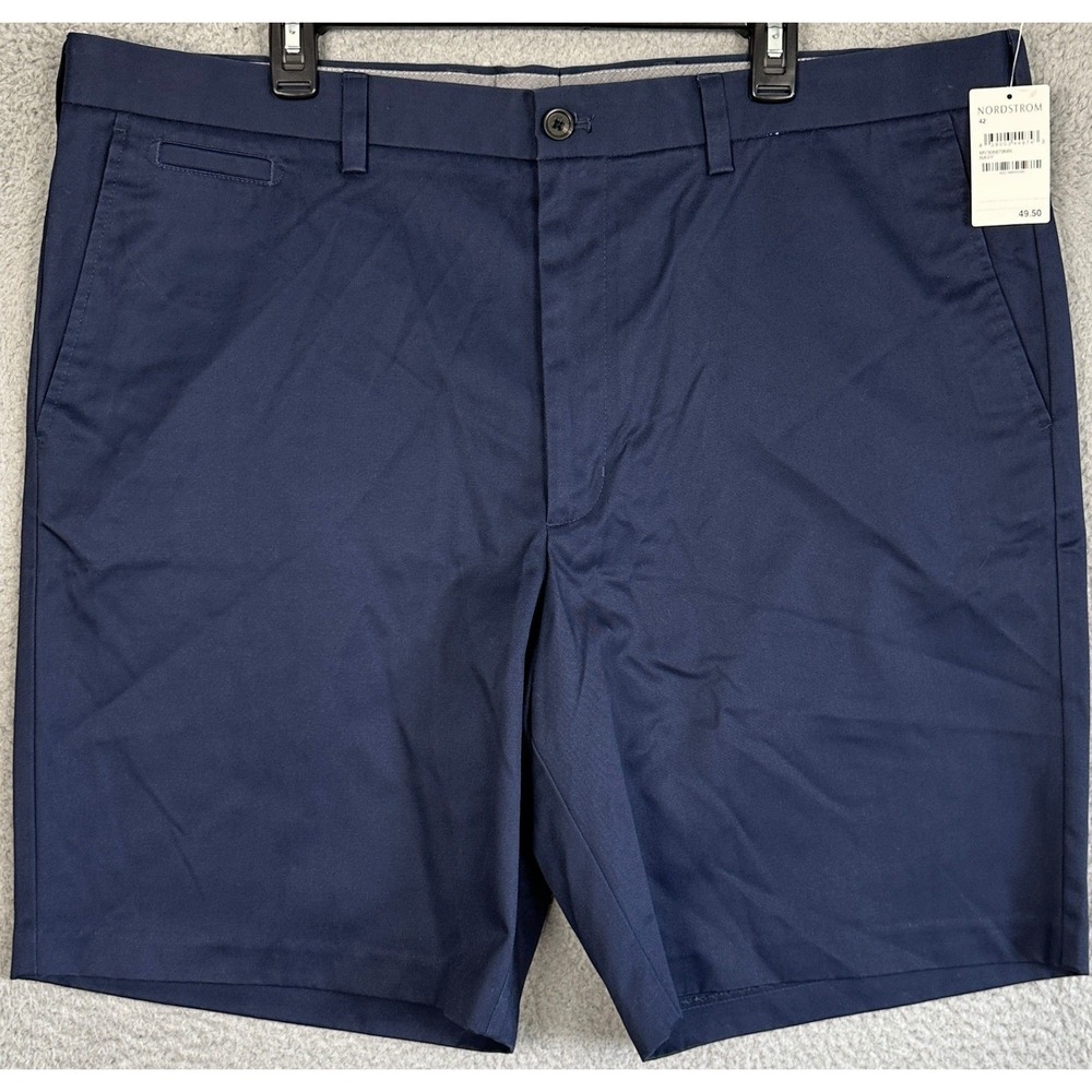 NEW Nordstrom Smartcare Shorts Mens 42 Navy Blue Chino Flat Front Casual Pockets